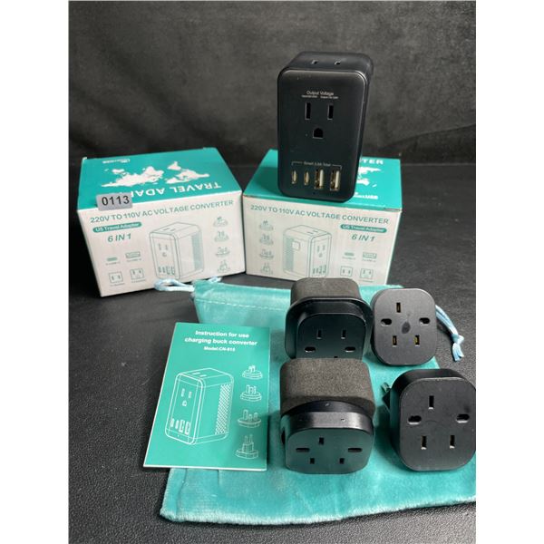 Lot of 2 6-in-1 Travel Adapters; 220V to 110V AC Voltage Converters w/ USB-C & USB-A Ports - New