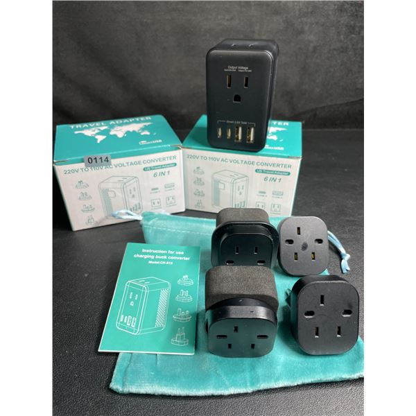 Lot of 2 6-in-1 Travel Adapters; 220V to 110V AC Voltage Converters w/ USB-C & USB-A Ports - New