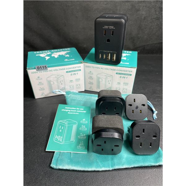 Lot of 2 6-in-1 Travel Adapters; 220V to 110V AC Voltage Converters w/ USB-C & USB-A Ports - New