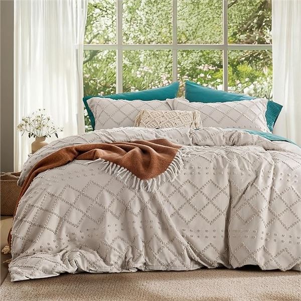 Bedsure Boho King Size Duvet Cover Set - Khaki - 104" x 90" Duvet with 2 Pillowcases - New