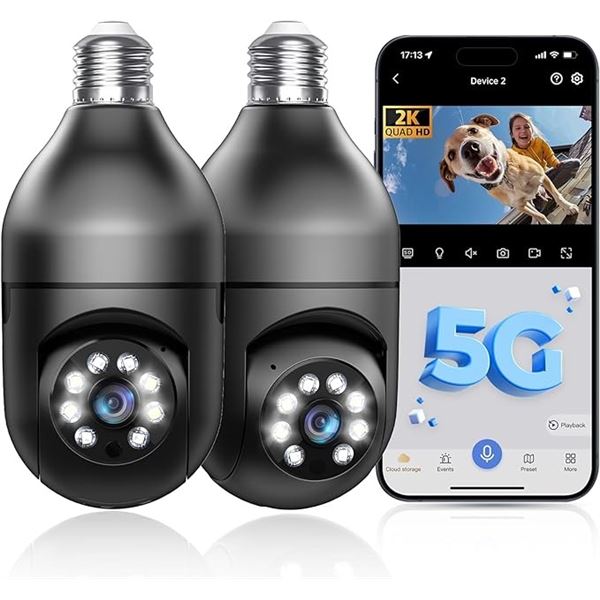 2-Pack of Light Bulb WiFi Security Cameras; Wireless Surveillance Security Cameras for Outdoors NEW