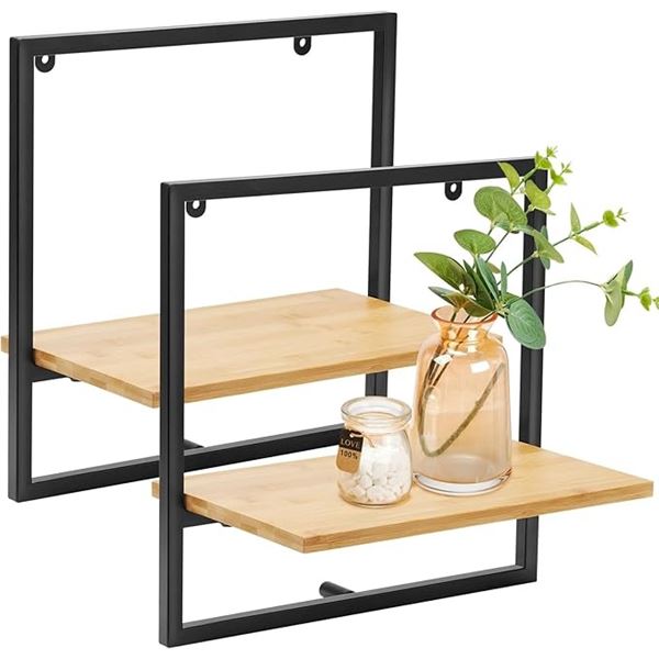 2-Pack Tatoza Bamboo Square Floating Wall Shelves - Great for Plants, Ornaments, Decor - New