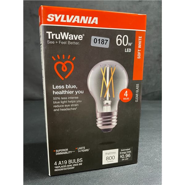 4-Pack Box of Sylvania A19 TruWave 60W LED Soft White Light Bulbs - New