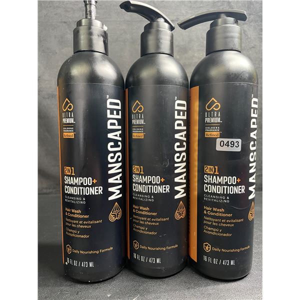 Lot of 3 MANSCAPED 2-in-1 Shampoo+Conditioners (473ml) Cleansing & Revitalizing - New