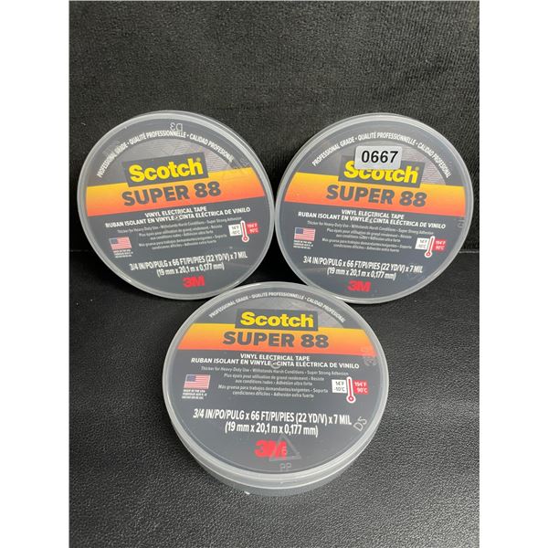 Lot of 3 3M Scotch Super 88 Vinyl Electrical Tape (3/4in x 66 FT Per Roll) - New
