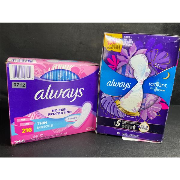 2 Boxes of Always Period Pads/Liners - New