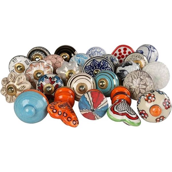 25-Pack Box of Ceramic Multicolor Decorative Door Knobs - Handmade Cabinet Knobs - New
