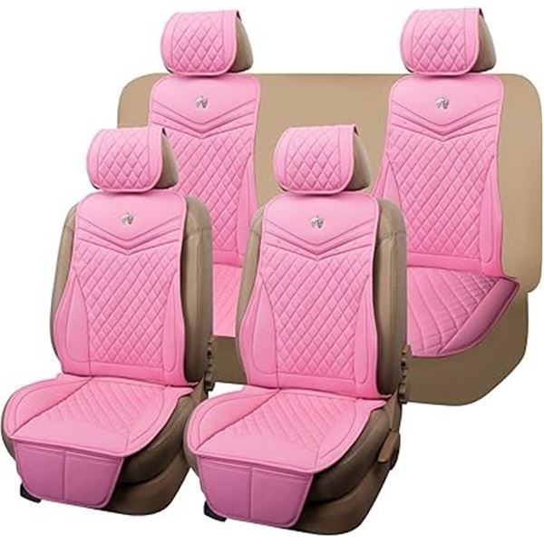 Full-Set Pink Faux Leather Universal Premium Car Seat Cover Set - Pink/Crown Bedazzle Design - New!