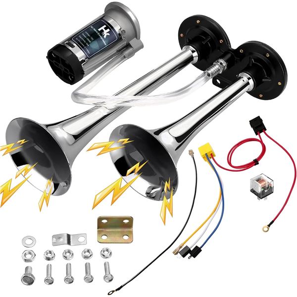 HK 150dB Complete Air Horn Kit for Vehicles - Super Loud Twin trumpet Horn (12V) - New in Box