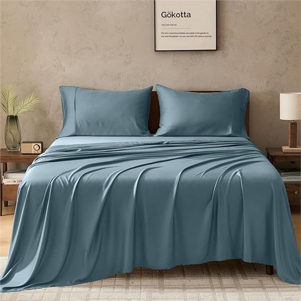 Gokotta 4PC 100% Bamboo King Bed Sheet Set - 16-Inch Deep Pocket Sheet Set - Blue - New