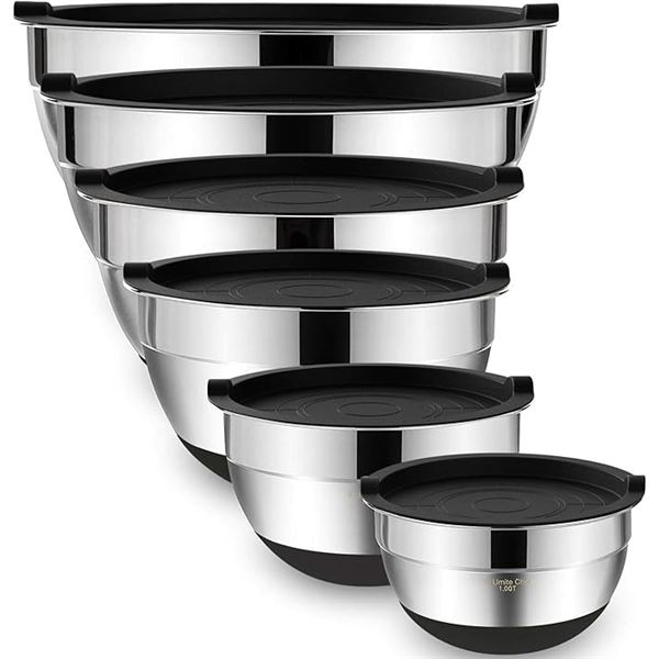 6PC Stainless Steel Kitchen Mixing Bowls with Airtight Lids & Non-Slip Bottoms - New