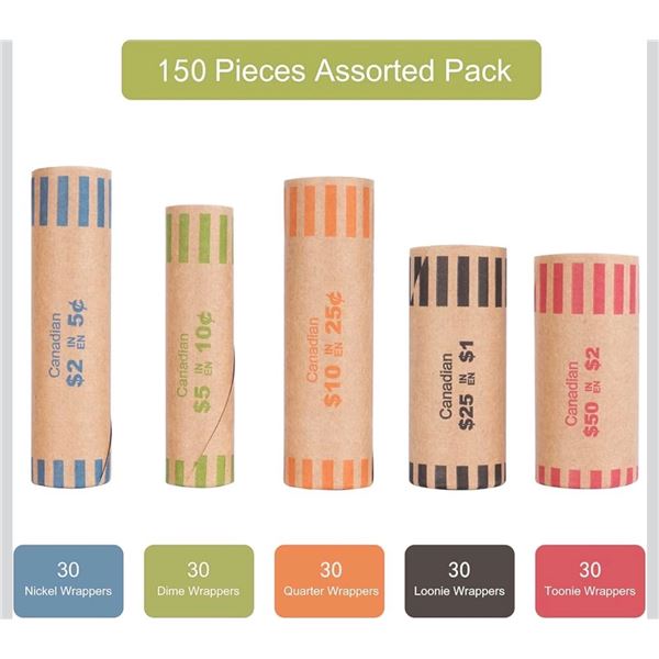 2 150-Piece Boxes of Preformed Coin Wrappers x30 $2-$1-25c-10c-5c (300PCS Total) - New