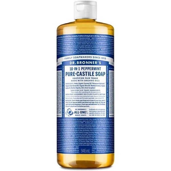 Dr.Bronner's 18-in-1 Peppermint Pure-Castile Liquid Soap (946ml) For Face/Body/Hair - New