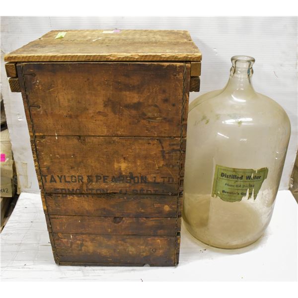 VINTAGE GLASS DISTILLED WATER BOTTLE W/ WOODEN