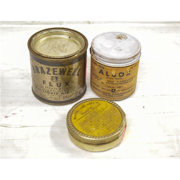 2 VINTAGE CANS OF FLUX W/ GRADE 400 VALVE GRINDING