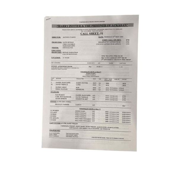 Harry Potter and the Prisoner of Azkaban (2004) - Call Sheet
