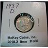 660. 1937 D Mercury Dime. EF-AU.
