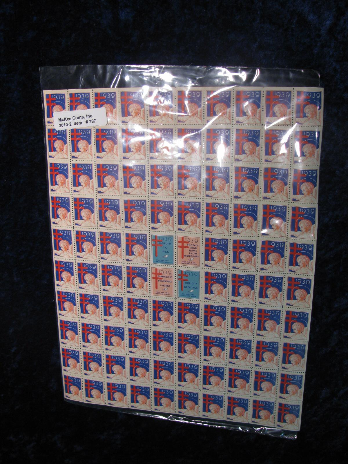 787. Mint Sheet of TB Christmas Seal Stamps from 1939. Est. Value 300.00