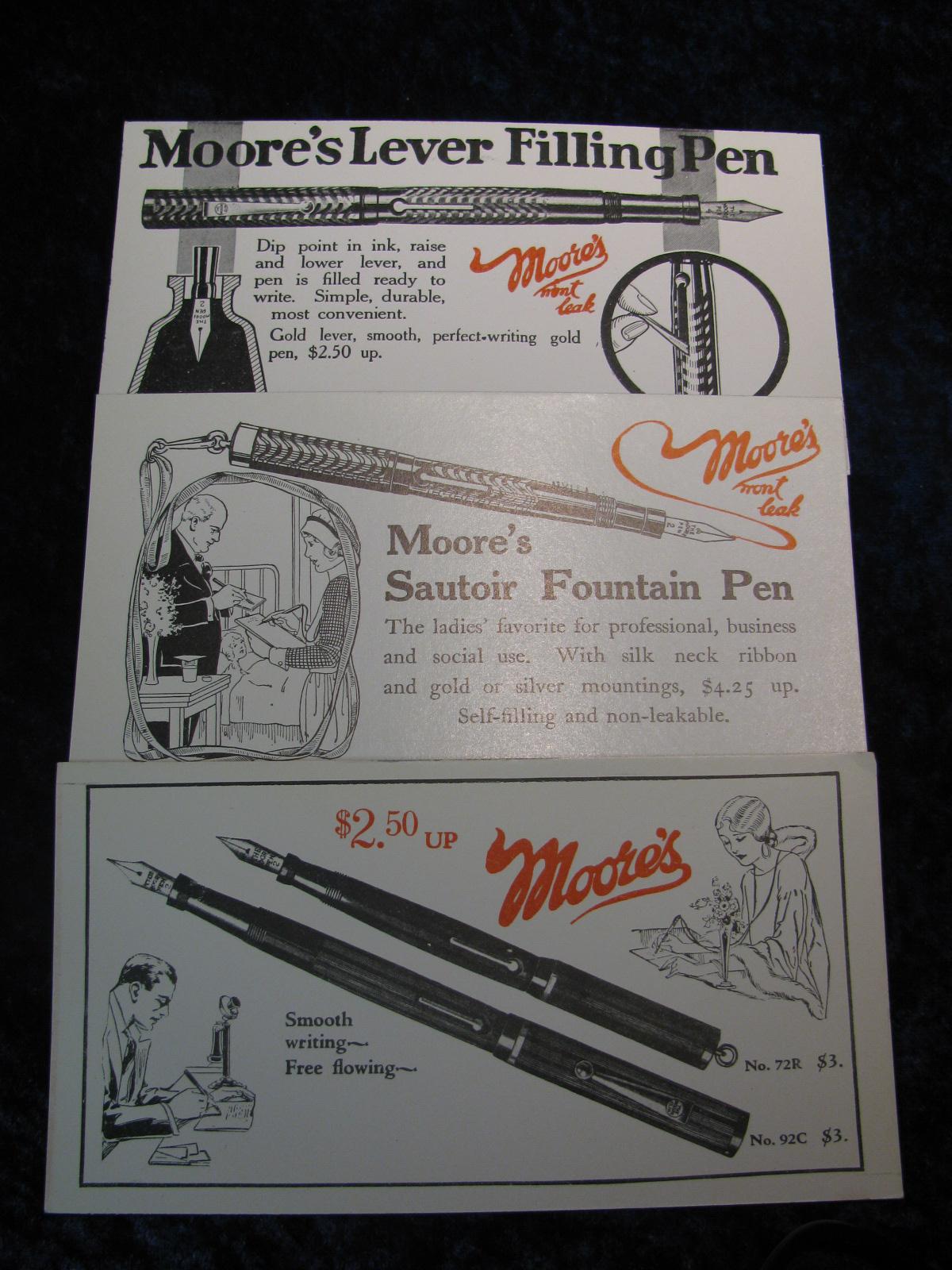 802. 3- Different Moore's Fountain Pens Ink Blotters.