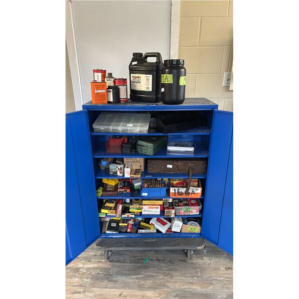 2-DOOR LOCKING METAL CABINET WITH LARGE ASSORTMENT OF AMMUNITION & MORE (HAS KEYS)