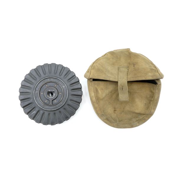 WWI BRITISH LEWIS MG .303 BR DRUM MAGAZINE AND POUCH LOT