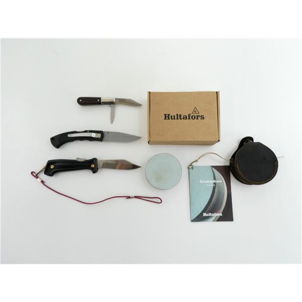 NORMARK, SCRIMSHAW AND BARLOW KNIVES WITH HULTAFORS GRINDING STONE LOT