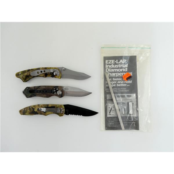 ASSORTED CAMO FOLDING KNIVES AND EZE-LAP INDUSTRIAL DIAMOND SHARPENER LOT