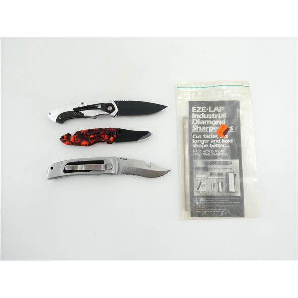 ASSORTED FOLDING KNIVES AND EZE-LAP INDUSTRIAL DIAMOND SHARPENER LOT