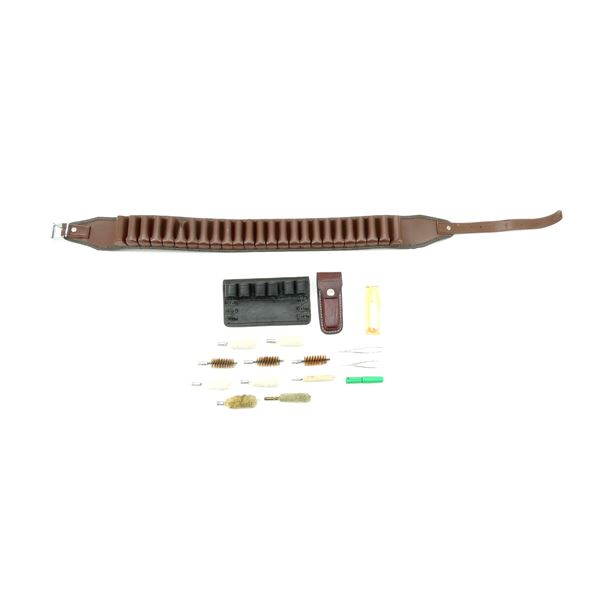 ASSORTED AMMO BELT / POUCH AND CLEANING ACCESSORIES LOT