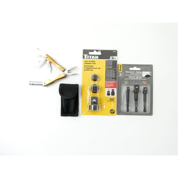 TITAN ADAPTER SETS AND UNKNOWN MINI POCKET MULTI-TOOL SWITCHPLIER LOT