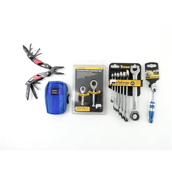 ASSORTED TITAN RATCHETS AND PERFORMANCE TOOL MULTI-TOOL SWITCHPLIER LOT