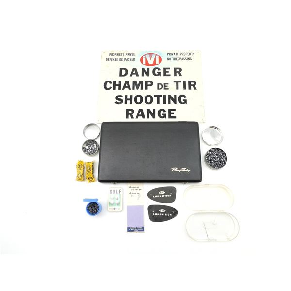 JEWELRY DISPLAY CASE, SHOOTING RANGE SIGN AND PELLETS / BB LOT