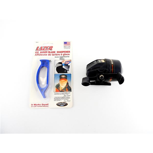 SHAKESPEARE PRO-AM FISHING REEL AND ICE AUGER BLADE SHARPENER LOT