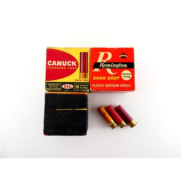 COLLECTIBLE ASSORTED 16 GAUGE 2 1/2" / 2 3/4" AND 20 GAUGE 2 1/2" SHOT SHELL AMMO LOT
