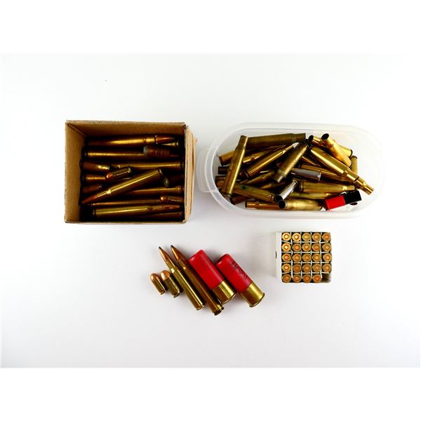 RELOADED ASSORTED AMMO / PRIMED BRASS CASES / NON-PRIMED BRASS & NICKEL CASES LOT