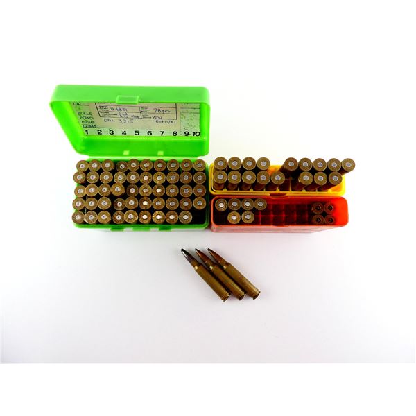 RELOADED ASSORTED .338 WIN MAGNUM AMMO AND NON-PRIMED BRASS CASES LOT