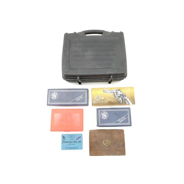 ASSORTED HARD NON-PADDED HAND GUN CASE AND EMPTY HAND GUN BOXES LOT