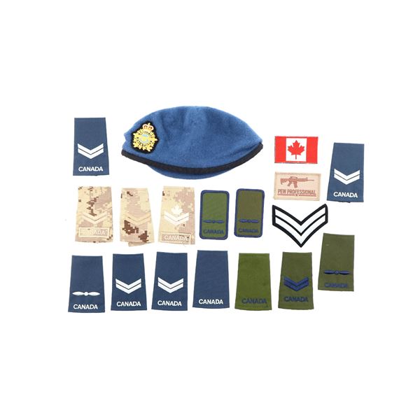 ASSORTED CANADIAN MILITARY SLIP-ON EPAULETS, BADGES AND BERET LOT