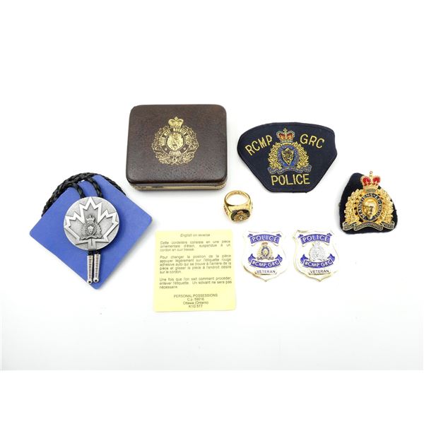 ASSORTED RCMP BADGES, RING, BOLLO, ETC. LOT