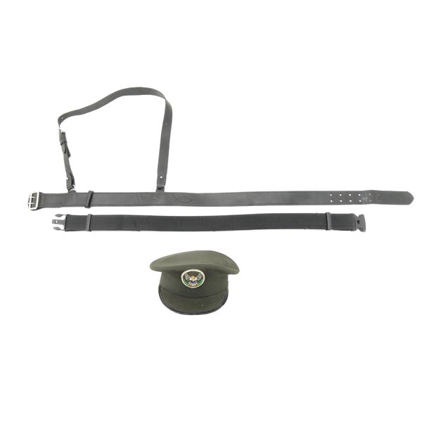 ASSORTED MILITARY DUTY BELTS AND PEAKED CAP LOT