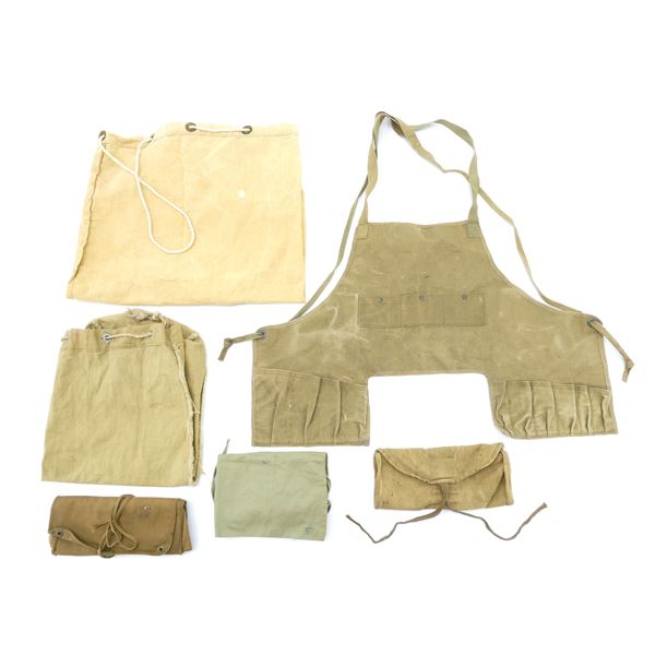 ASSORTED WWII ERA MILITARY DUFFLE BAGS, APRON, ETC. LOT