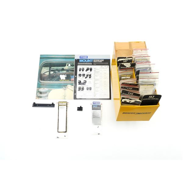 ASSORTED WEAVER SCOPE MOUNTS IN ORGANIZER WITH REFERENCE CHART FOR SCOPE MOUNT RINGS AND BASES LOT