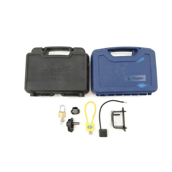 ASSORTED TRIGGER LOCKS AND HARD HANDGUN CASE LOT