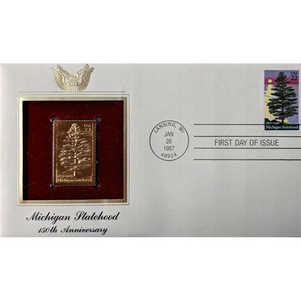 Michigan Statehood 150th Anniversary Gold Stamp Replica First Day Cover