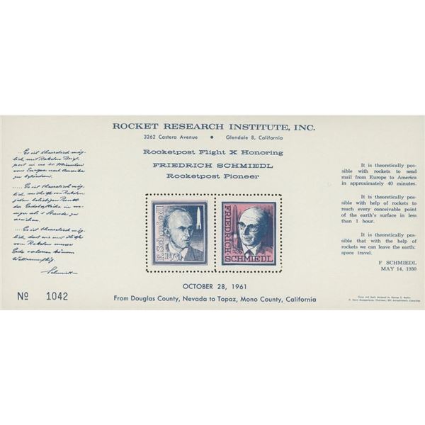 Friedrich Schmiedl Rocketpost Pioneer Commermorative Stamp Set