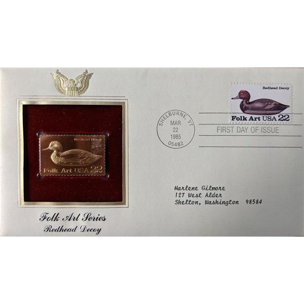 Folk Art Series Redhead Decoy Gold Stamp Replica First Day Cover