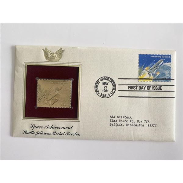 Space Achievement Shuttle Jettisons Rocket Boosters Gold Stamp Replica First Day Cover