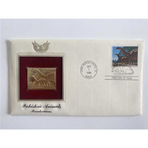 Prehistoric Animals Brontosaurus Gold Stamp Replica First Day Cover