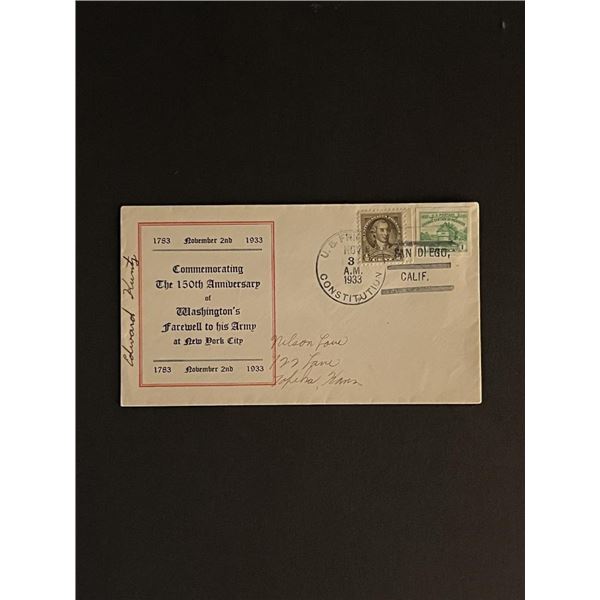 1933 First Day Cover Commemorating the 150th Anniversary of Washington's Farewell to His Army at New