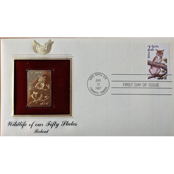 Wildlife of Our Fifty States Bobcat Gold Stamp Replica First Day Cover